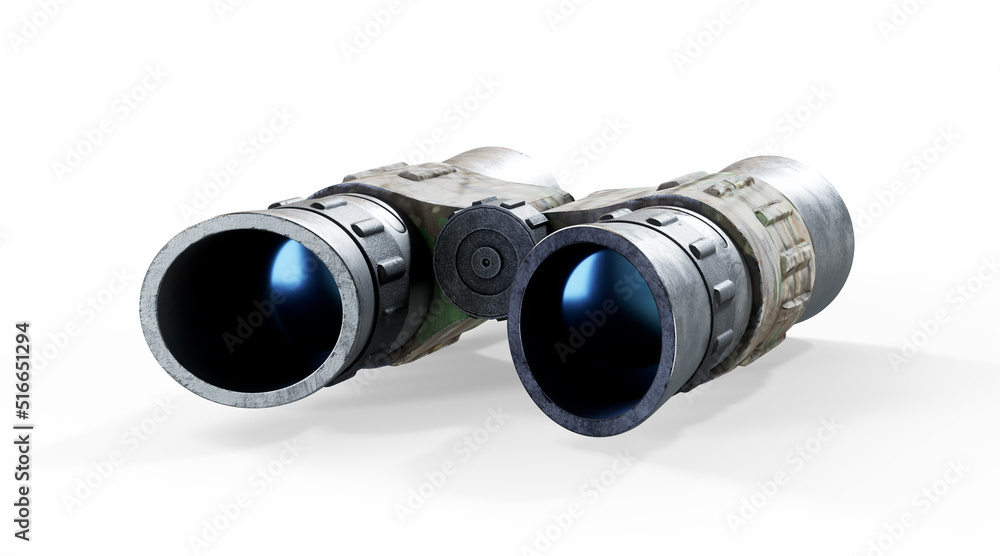 Black binoculars isolated on white background. 3d rendering Black binoculars isolated on white background. 3d rendering