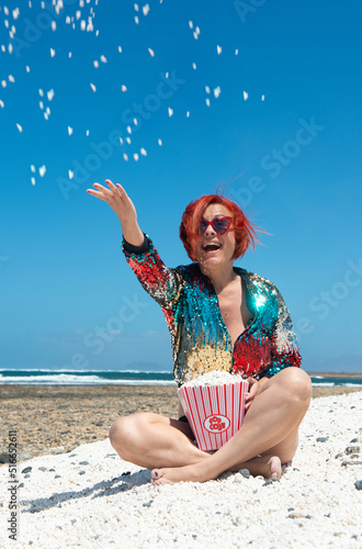 woman in the sun on the sand of Popcorn Beach in Fuerteventura
