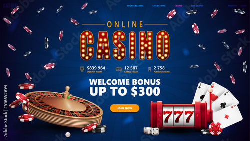 Online casino, blue poster with symbol with lamp bulbs, button, slot machine, Casino Roulette, poker chips and playing cards.