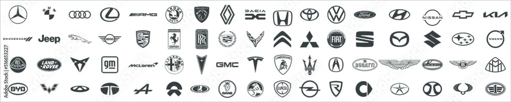 Set of popular logos of cars brands: Aston Martin, Rolls Royce, Porsche ...