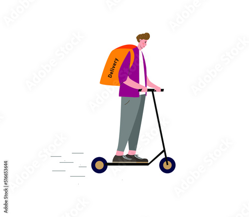 Courier on an electric scooter. Eco-friendly alternative transport. A guy with a backpack on an electric scooter. Delivery man or courier. Flat courier electric scooter for lifestyle design.