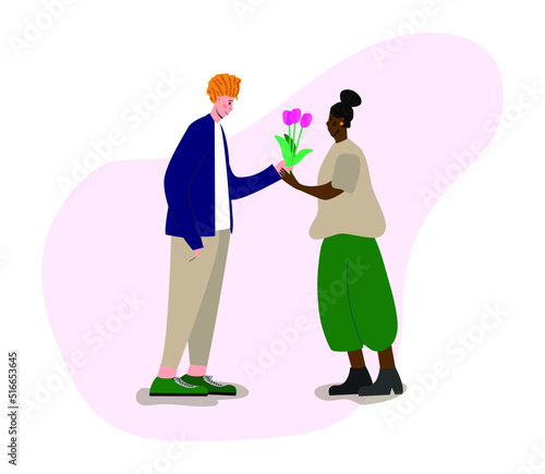 Happy cartoon diverse man and woman standing together on white background. A European man gives a bouquet of flowers to a dark-skinned woman. Modern stylish young people.
