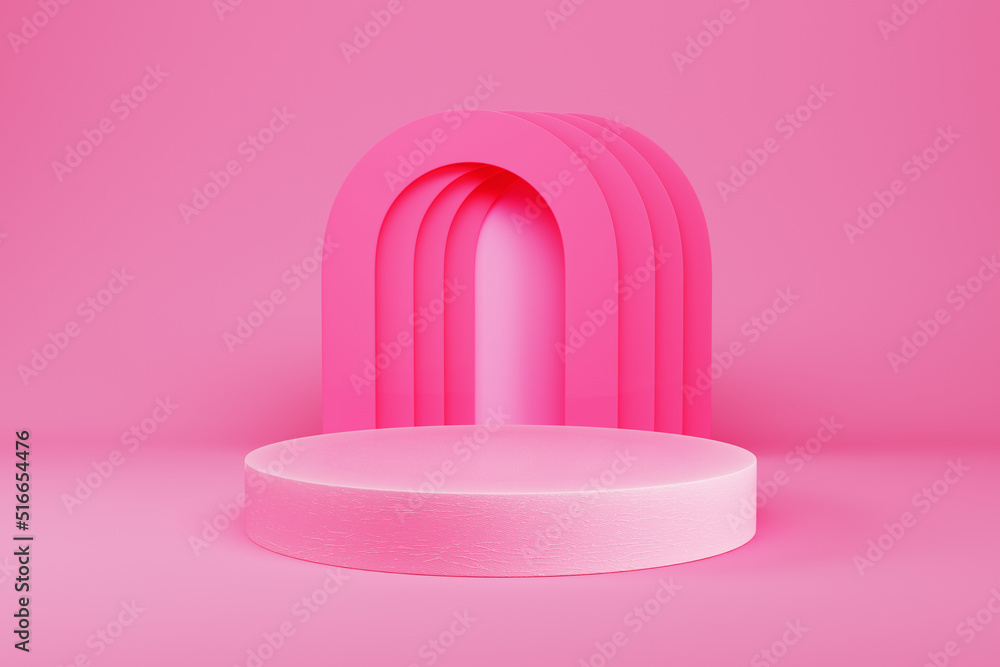 Abstract minimal background. Pink cylindrical podium with arc shape for product display