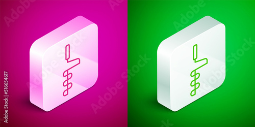 Isometric line Hand ice drill for winter fishing icon isolated on pink and green background. Silver square button. Vector