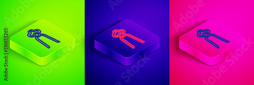 Isometric line Blacksmith pliers tool icon isolated on green, blue and pink background. Square button. Vector