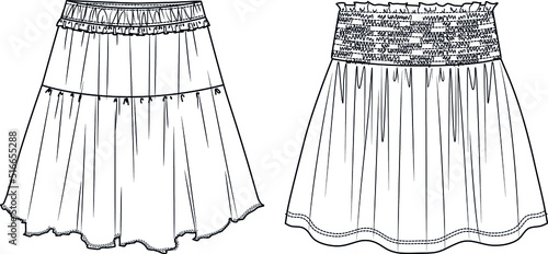 Vector smocked mini skirt fashion CAD, woman flared skirt with gathering technical drawing, template, flat, sketch. 2 pieces set of jersey or woven fabric skirt with front, back view, white color
