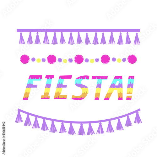 Colorful party lettering with decoration. Tassels and  pompoms wreath border. Fiesta pinata word composition.  Vector illustration