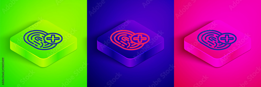 Isometric line Cancelled fingerprint icon isolated on green, blue and pink background. Access denied for user concept. Error, fraud. Identification sign. Touch id. Square button. Vector Isometric line Cancelled fingerprint icon isolated on green, blue and pink background. Access denied for user concept. Error, fraud. Identification sign. Touch id. Square button. Vector