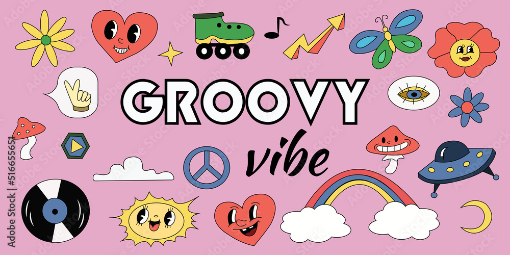 Retro cartoon 70s stickers collection. Set with groovy elements. Illustration in flat style. 