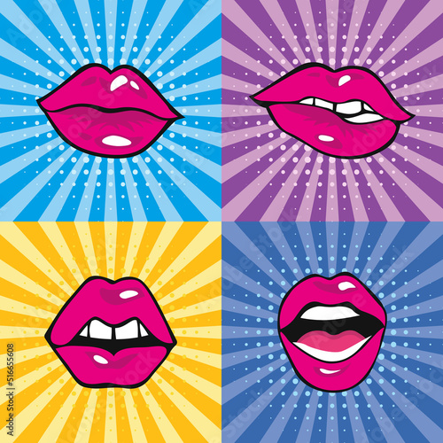 Set mouth with teeth and tongue pop art design