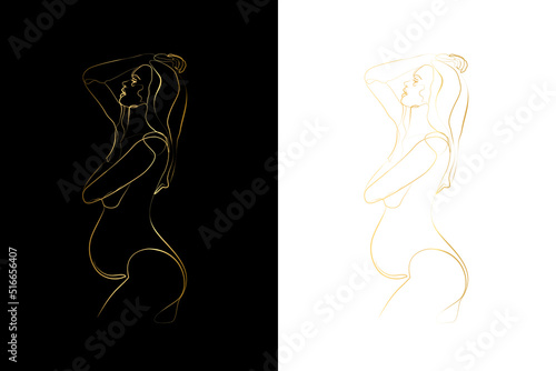 Pregnant mom line art, Pregnancy one line drawing, printable wall art, Nude woman body print, Belly female figure, Minimalist print. Gold line. Set 