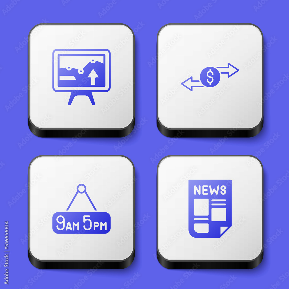 Set Monitor with graph chart, Money exchange, From 9 5 job and News icon. White square button. Vector Set Monitor with graph chart, Money exchange, From 9 5 job and News icon. White square button. Vector