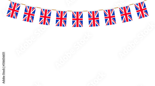 UK flag garland. Union Jack pennants chain. British party bunting decoration. Great Britain flags for celebration. Footer and banner background.