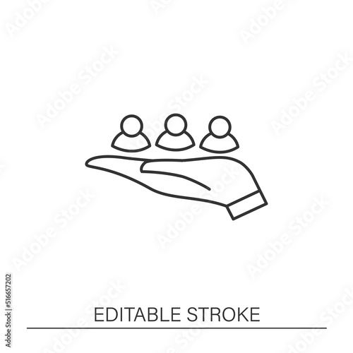 Employee line icon. Workers on palm. Professions concept. Isolated vector illustration. Editable stroke