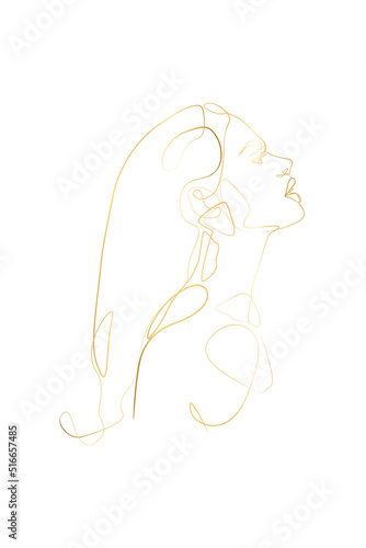 Fashion lineart portrait of young woman  isolated vector illustration. Gold line  White background