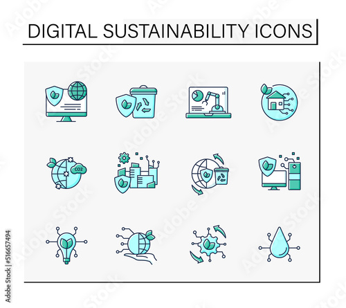 Digital sustainability color icons set. Modern technology. Global environment protection. Ecology concept. Isolated vector illustrations