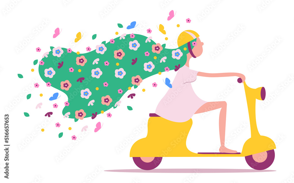 Fototapeta premium Raster illustration - a cute girl rides a motor scooter with green long hair, similar to meadow grass with flowers and butterflies isolated. Concept - summer