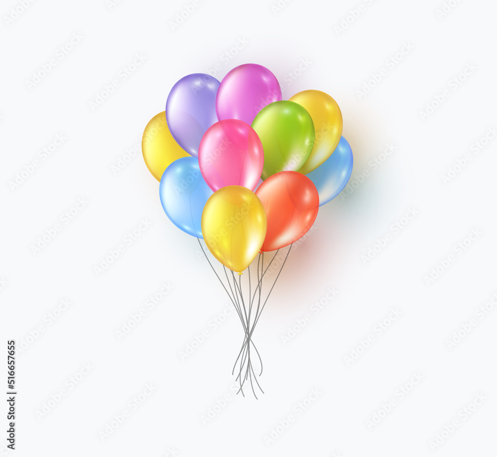 Balloon bunch isolated on white background. Vector transparent colorful festive 3d helium baloons template for anniversary, birthday party design Balloon bunch isolated on white background. Vector transparent colorful festive 3d helium baloons template for anniversary, birthday party design