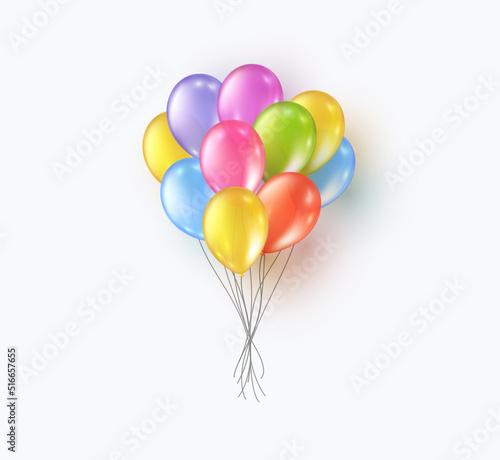 Balloon bunch isolated on white background. Vector transparent colorful festive 3d helium baloons template for anniversary, birthday party design