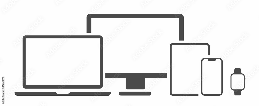 Device Icons set. Set technology devices icon. Electronic devices vector  icon. Smartwatch, smartphone, tablet, laptop, desktop computer and tv. Vector  illustration Stock Vector