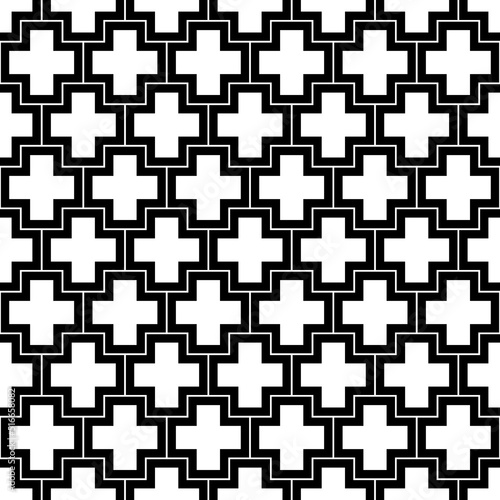 Repeated white figures and lines on black background. Crosses wallpaper. Seamless surface pattern design with polygons. Mosaic motif. Digital paper for page fills, web designing, textile print. Vector