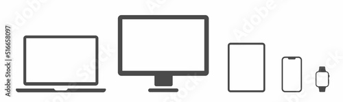 Device Icons set. Set technology devices icon. Electronic devices vector icon. Smartwatch, smartphone, tablet, laptop, desktop computer and tv. Vector illustration