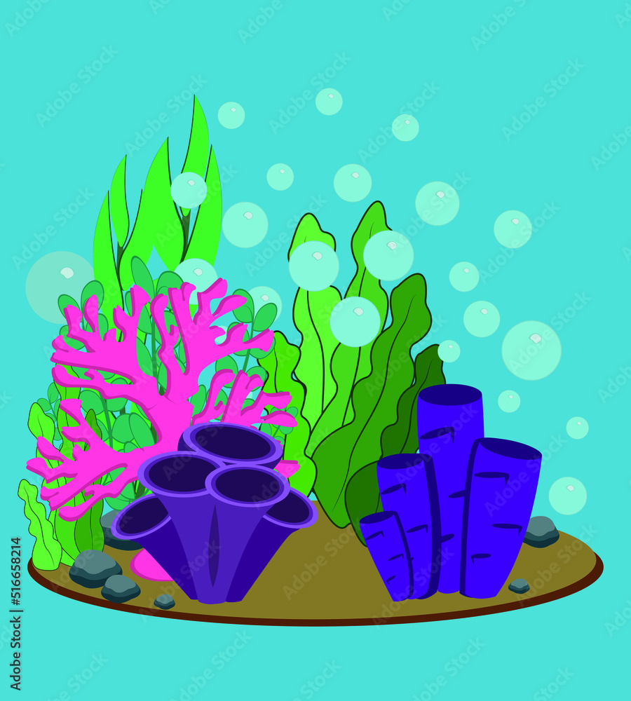 Vector ocean world. Exotic seascapes with seaweeds. Colorful background ...