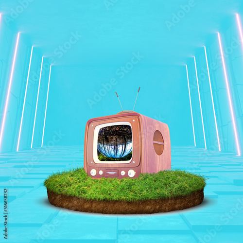 Landscape with green plants, illuminated.
retro tv on grass over pastel celete backgraund photo