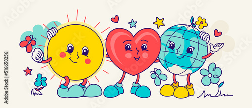 Naive groovy smiling friends together: sun, Earth planet, earth. Poster or retro fun cartoon print, hippie poster. Children elements. Cute kind sunshine vector illustration for tee, t shirt.