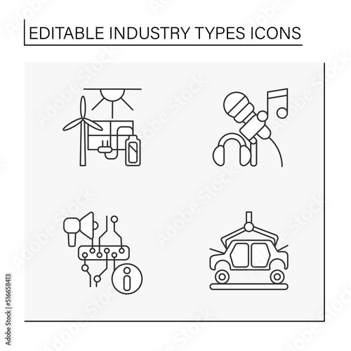 Industries line icons set. Energy, music, information and automotive industries. Services for people. Business concept. Isolated vector illustrations. Editable stroke