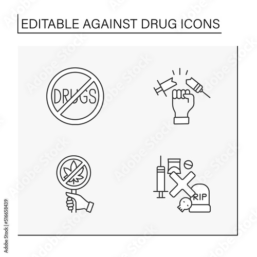  Against drug line icons set. Injections, smoking weed and cigarettes. Unhealthy addictions. Bad habits concepts. Isolated vector illustrations. Editable stroke
