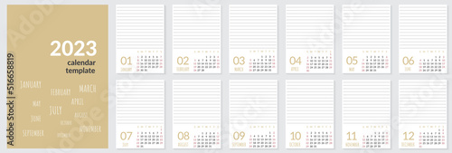Vertical wall calendar template for 2023 year. Set of 12 months. Week starts on Sunday. Planner in minimalist style with place for photo. Vector editable corporate and business calendar page template