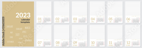 Vertical wall calendar template for 2023 year. Set of 12 months. Week starts on Sunday. Planner in minimalist style with place for photo. Vector editable corporate and business calendar page template