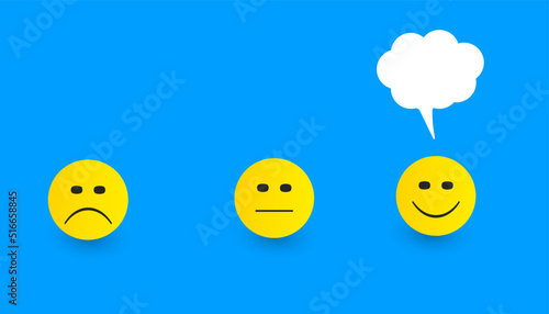 Happy smiley on speech bubble. Good feedback rating,Positive customer review, experience, satisfaction survey idea concept.