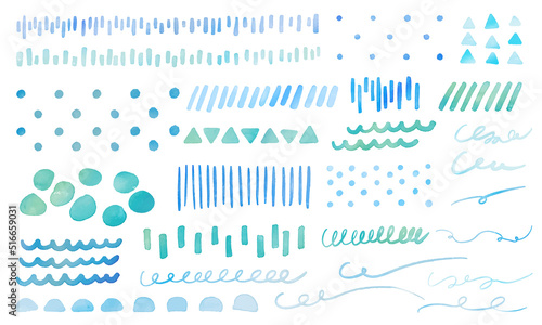 水彩画。水彩タッチの落書きイラストセット。手描きのドットとラインとストライプ背景。Watercolor painting. Set of doodle illustrations with watercolor touch. Hand painted dots and lines and stripes background.