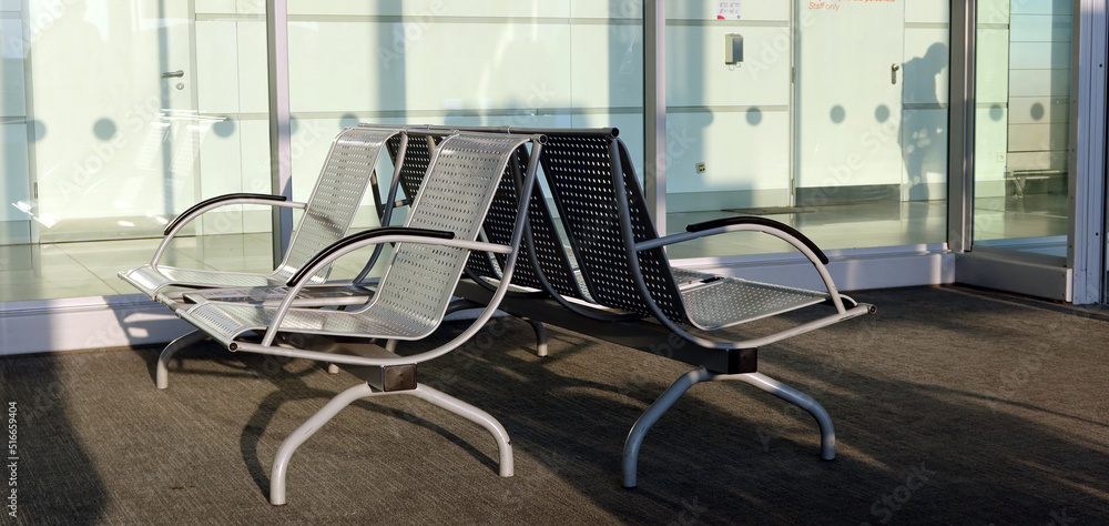 Airport lounge, panoramic view. Empty airport terminal lounge; air