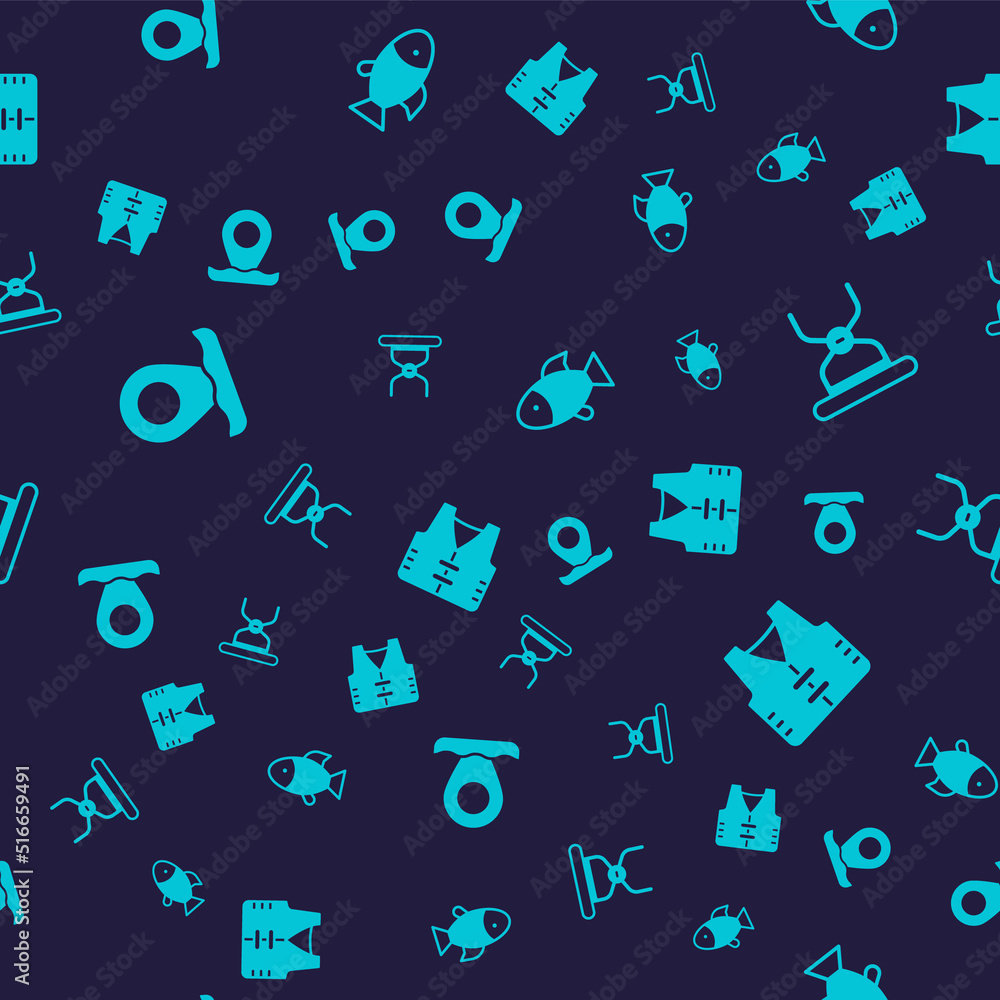 Set Location fishing, Camping folding chair, Fish and Fishing jacket on seamless pattern. Vector Set Location fishing, Camping folding chair, Fish and Fishing jacket on seamless pattern. Vector