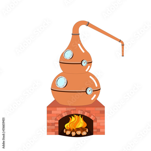 Vector illustration of a copper alembic pot still, moonshining and alcohol distillery manufacuring concept