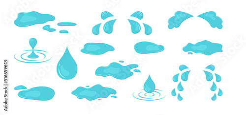 Puddle and tear, water drop and sweat, cry and rain. Cartoon blue splash and droplet isolated on white background. Abstract illustration