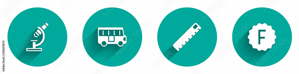 Set Microscope, School Bus, Ruler and Exam paper with incorrect answers icon with long shadow. Vector Set Microscope, School Bus, Ruler and Exam paper with incorrect answers icon with long shadow. Vector