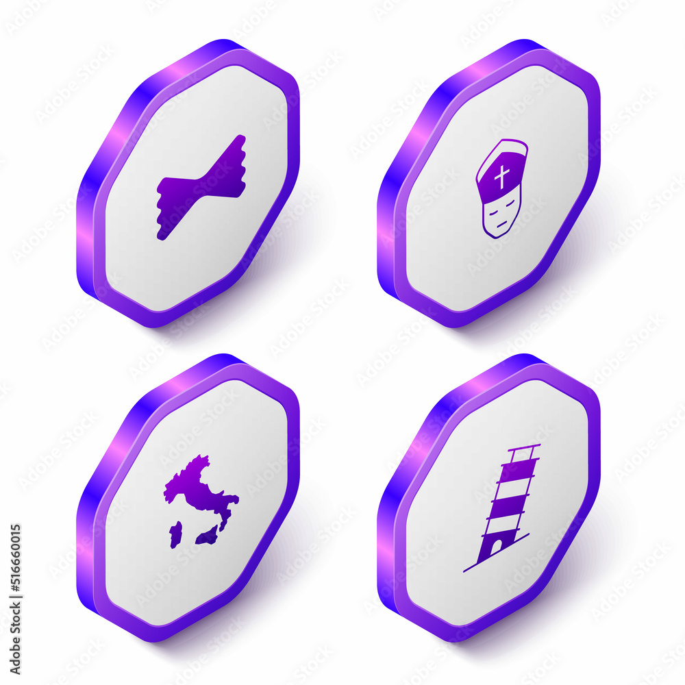 Set Isometric Macaroni, Pope, Map of Italy and Leaning tower in Pisa icon. Purple hexagon button. Vector Set Isometric Macaroni, Pope, Map of Italy and Leaning tower in Pisa icon. Purple hexagon button. Vector