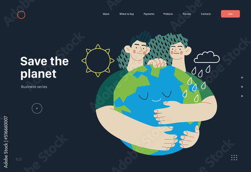 Ecology - Save the planet -Modern flat vector concept illustration of a gardener wearing a hat, apron and boots carrying a garden cart with a globe inside. Creative landing web page template