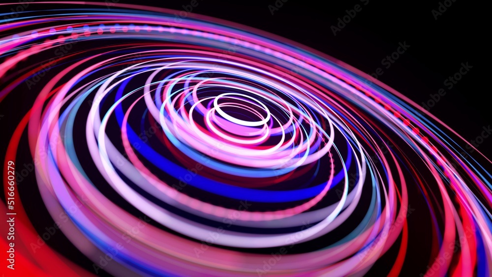 Light flow in ring structure, bg. 3d render. Abstract background with light trails, stream of red blue neon lines in space form rings. Modern trendy motion design background. Light effect Light flow in ring structure, bg. 3d render. Abstract background with light trails, stream of red blue neon lines in space form rings. Modern trendy motion design background. Light effect
