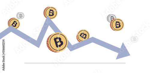 Cryptocurrency downward arrow and falling crash bitcoin price collapse crypto loss investment risk crisis flat vector illustration.
