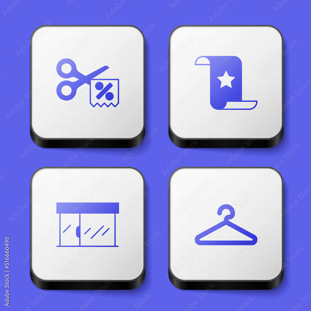 Set Scissors cuts discount coupon, Paper check and financial check, Market store and Hanger wardrobe icon. White square button. Vector Set Scissors cuts discount coupon, Paper check and financial check, Market store and Hanger wardrobe icon. White square button. Vector