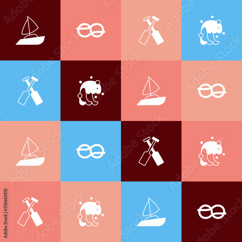 Set pop art Yacht sailboat, Nautical rope knots, Crossed oars or paddles and Tsunami icon. Vector