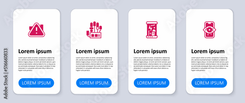 Set Computer vision, Cryogenic capsules, Mechanical robot hand and Exclamation mark in triangle. Business infographic template. Vector