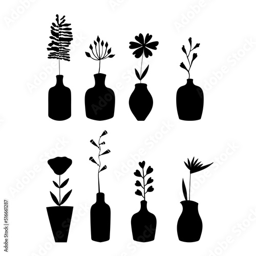 Black silhouettes. Set of the vases with floral composition. Vector design elements. Floral decor. 