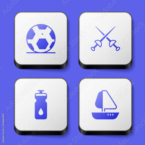 Set Soccer football ball, Fencing, Fitness shaker and Yacht sailboat icon. White square button. Vector