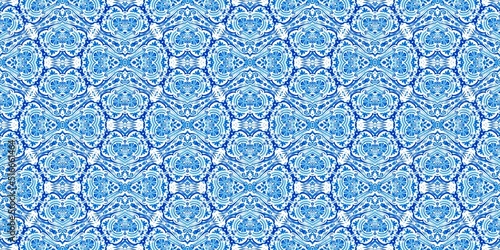 Blue white watercolor azulejo tile border background. Seamless coastal geometrical floral mosaic effect banner. Ornamental arabesque summer fashion repeat edge trim.